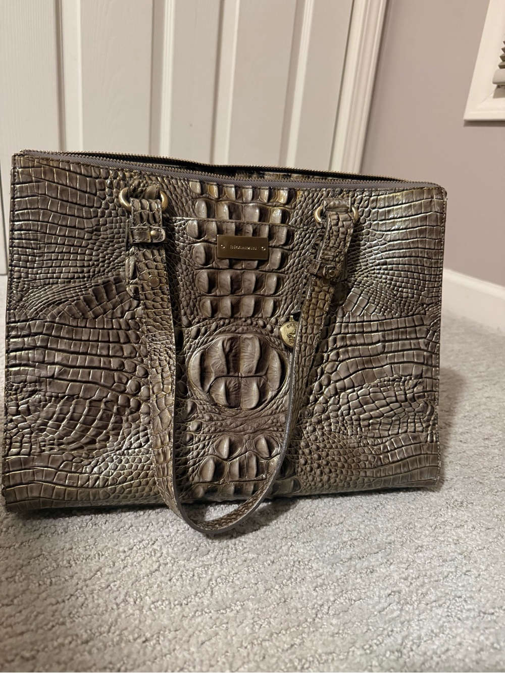 Brahmin Metallic Taupe Croc-Embossed Leather Tote
